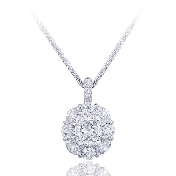 platinum and diamond pendant features a stunning 1.70 ct GIA certified cushion cut diamond center and is embraced with round and oval diamonds..jpg