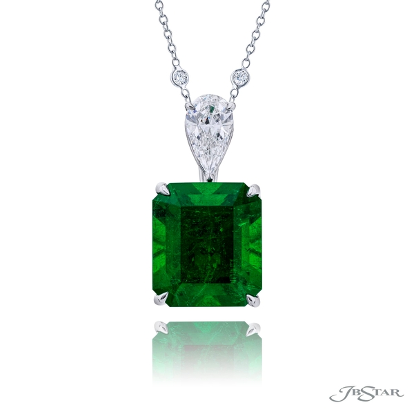 Emerald pendant featuring a 15.34 ct emerald with GIA certified pear shape diamond bail.1199-116