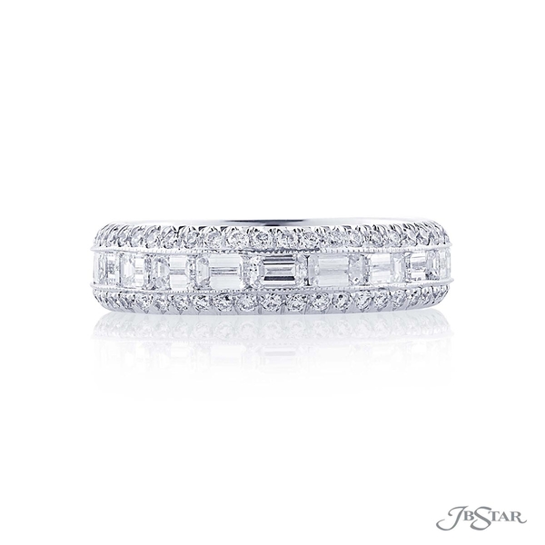 Diamond eternity band featuring a center channel with 20 emerald cut diamonds surrounded by round diamond micro pave. 5252-001