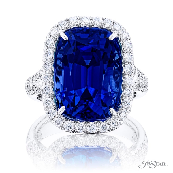 Blue sapphire and diamond ring featuring a magnificent 16.69 ct. GIA certified Sri Lankan cushion sapphire center surrounded in round diamond micro pave with a split shank.0990-007