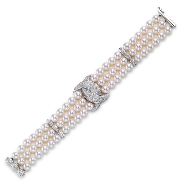 BR2018-8W. 18KT White Gold 7-7.5MM White Freshwater Pearl Bracelet with 196 Diamonds 2.36 TCW