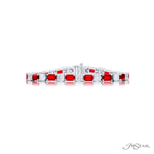 Ruby and diamond bracelet featuring emerald-cut rubies and radiant diamonds. 3231-001