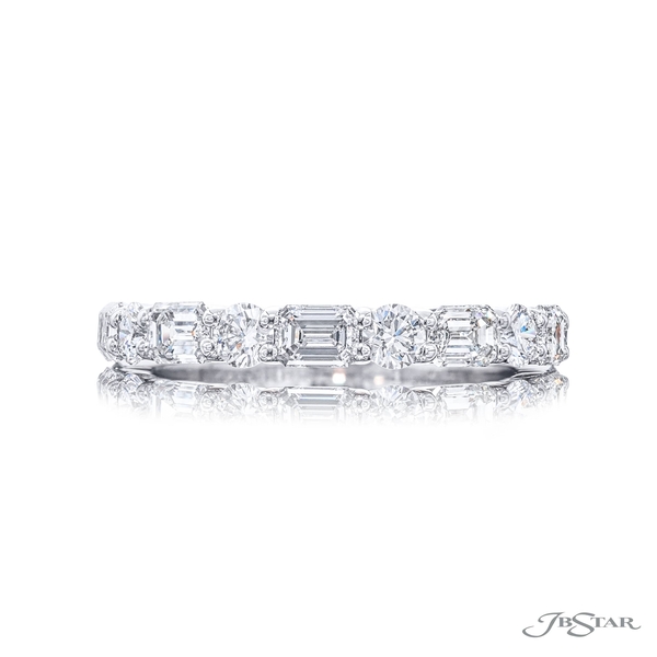Wedding band featuring emerald-cut and round diamonds in an alternating east to west design. 7399-022