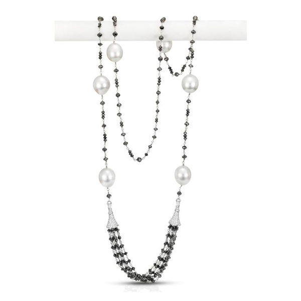 N2150-8W 18KT White Gold 13-14MM White South Sea Pearl Chain Necklace with Black & White Diamonds 68.37 TCW, 34.5 Inches