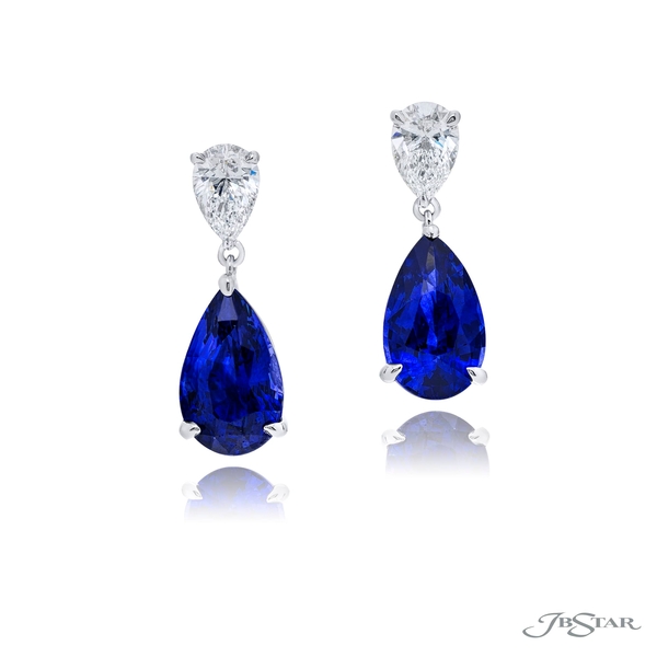 Sapphire and diamond drop earrings featuring gorgeous pear-shaped 6.13 cttw blue sapphires suspended from pear-shaped GIA-certified diamonds. Handcrafted in pure platinum.1199-118