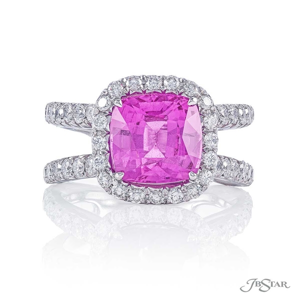 Pink sapphire and diamond ring featuring a 4.26 ct. certified cushion-cut center surrounded in micro pave with a split pave shank. 2293-003