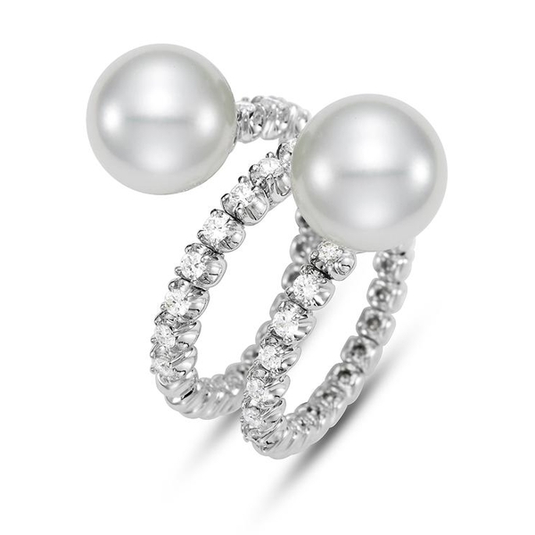 SWR-30701 18KT White Gold 10.5MM White South Sea Pearl Ring with 27 Diamonds 0.59 TCW