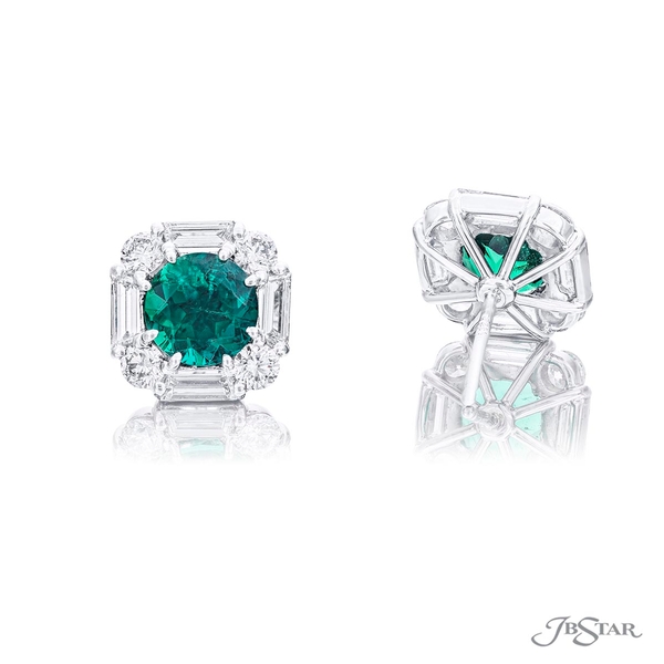 Emerald and diamond stud earrings featuring two certified round emeralds encircled by trapezoid and round diamonds. 1621-013