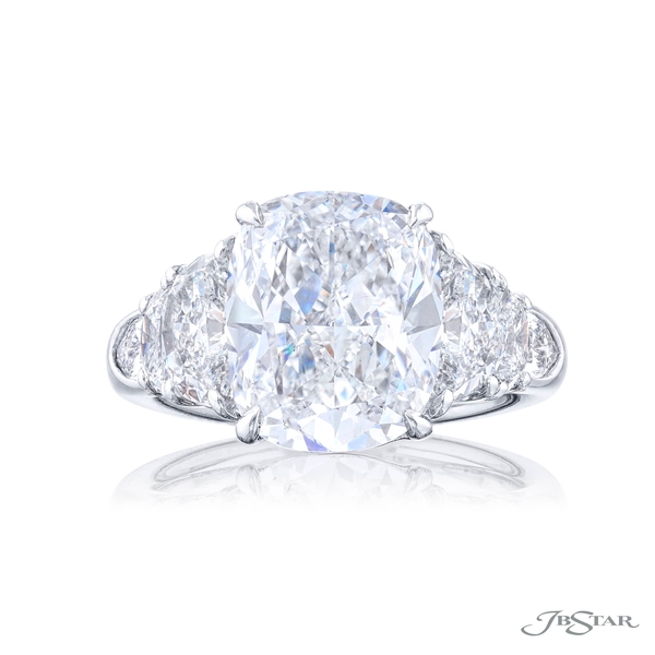 5.01 ct. GIA certified cushion diamond center set between half moon and shield diamonds.  7297-006