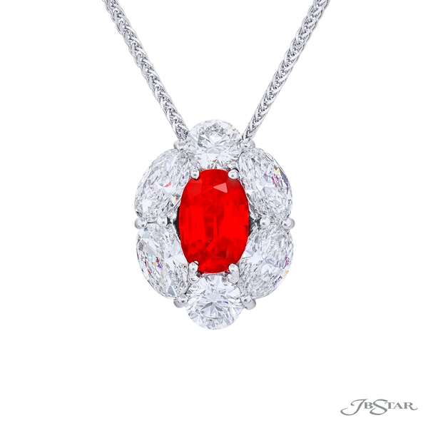 Ruby pendant featuring a 1.19 ct. CDC Burma certified cushion center encircled by pear and round diamonds. Handcrafted in pure platinum.5865-002