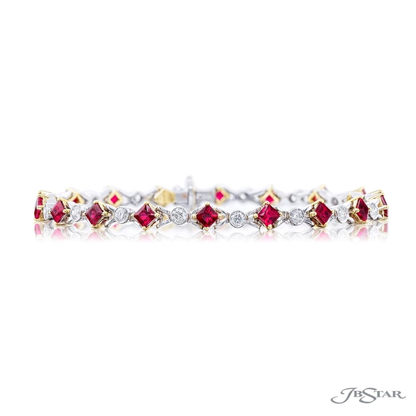 Ruby and diamond bracelet featuring princess-cut rubies linked together by round diamonds. Handcrafted in pure platinum and 18KY gold.0152-002