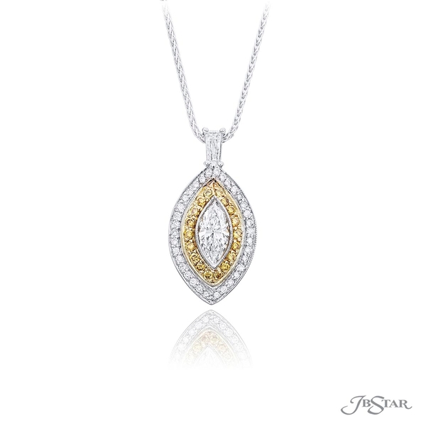 Diamond pendant featuring a 0.71ct. GIA certified marquise diamond center edged in white and fancy yellow round diamond pave.0883-001