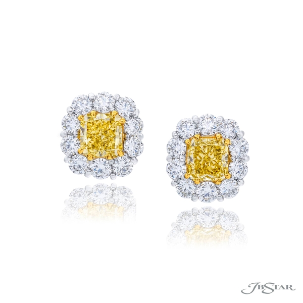 Fancy yellow diamond stud earrings featuring 1.90ct and 1.90ct. GIA certified fancy yellow radiant-cut diamond centers encircled by round diamonds. 0783-051