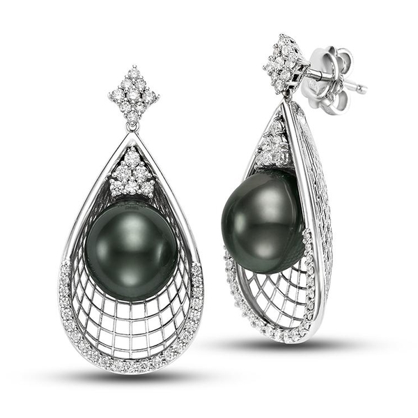 SI2002EB-8W.1 18KT White Gold 10-11MM Black Tahitian Pearl Pendant Earrings with Diamonds 0.75 TCW
