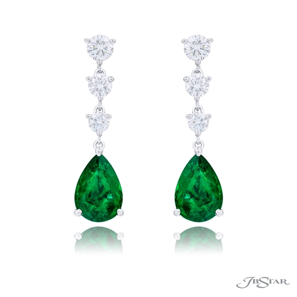 Emerald and diamond drop earrings featuring two certified pear shape emeralds with round diamond accents. 1199-095