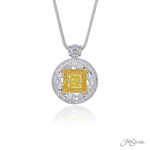 Fancy yellow diamond pendant featuring a princess-cut fancy yellow diamond center in a gorgeous setting with kite and round diamonds. 1838-003