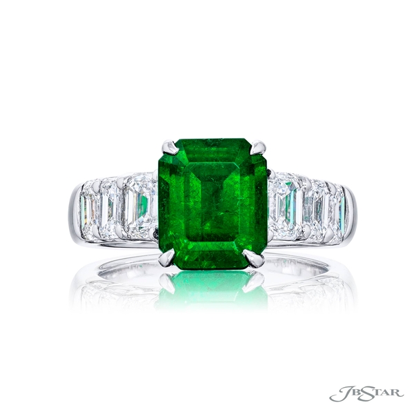 Emerald-cut emerald ring featuring an exquisite 2.62 ct. emerald-cut emerald center embraced by six cascading emerald-cut diamonds.2275-005