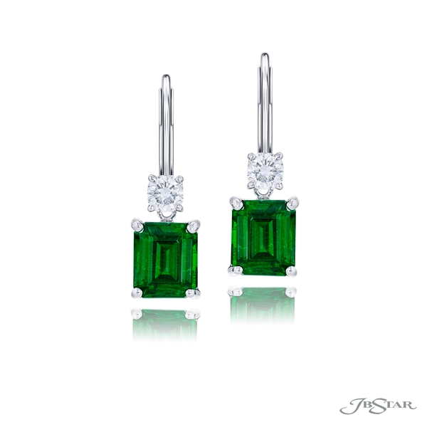 Emerald-cut emerald earrings featuring 2 gorgeous emerald-cut emerald centers with a round diamonds. 1199-110