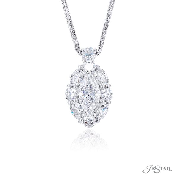 Diamond pendant necklace featuring a stunning 1.33 ct. certified marquise diamond encircled by oval and round diamonds. 2384-004