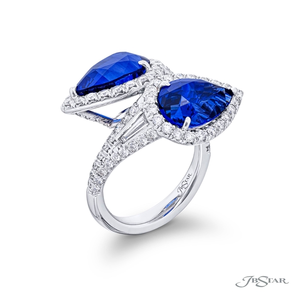 Sapphire and diamond ring featuring 2 CDC certified pear shape sapphires with tapered baguette diamonds with pave. 5614-030v2