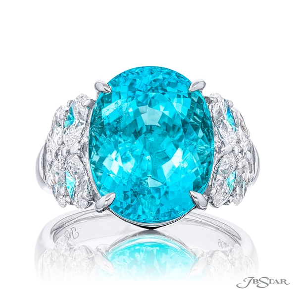 Paraiba and diamond ring featuring a 11.18 ct. oval Paraiba embraced by a cluster of oval diamonds.7280-006