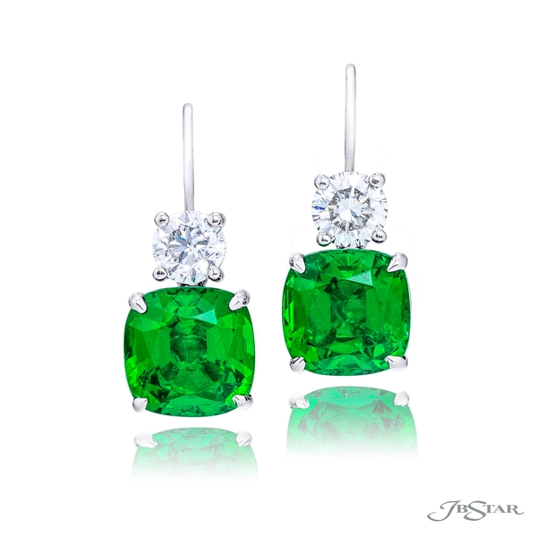 Emerald and diamond earrings featuring 2 vivid green cushion emeralds with round diamonds.1199-109