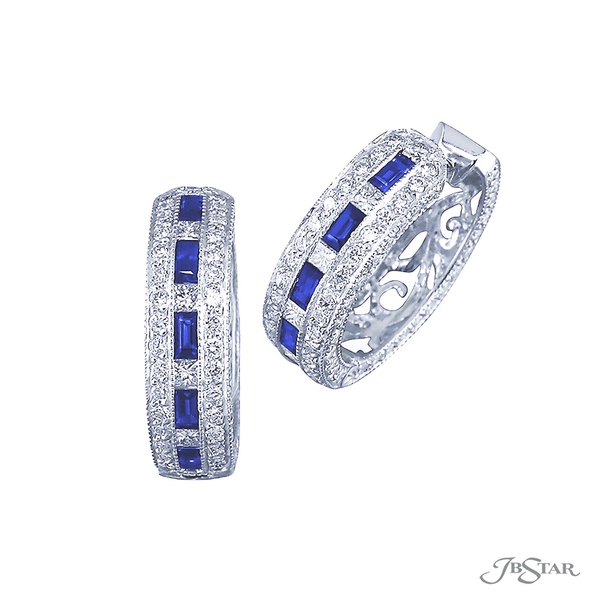 Sapphire and diamond hoop earrings featuring sapphire baguettes and princess-cut edged in round diamond pave.0446-005