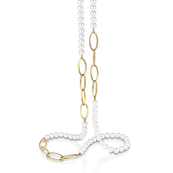 M20015N.1 14KT Yellow Gold 7-7.5MM White Freshwater Pearl Chain Link Necklace, 48 Inches