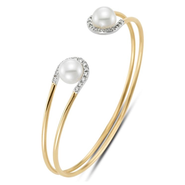 BR2969-8_2. 18KT Yellow Gold 8-8.5MM White Freshwater Pearl Bracelet with 26 Diamonds 0.26 TCW
