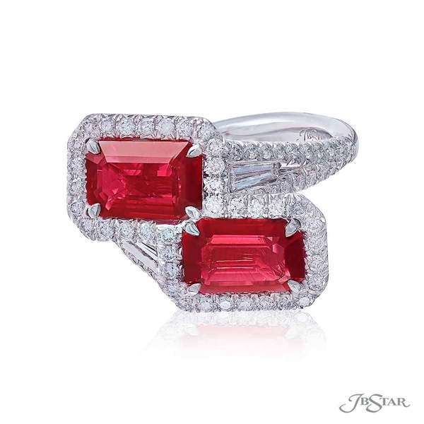 Ruby and diamond ring from our Twogether collection featuring 2 certified emerald-cut Burma rubies embraced by tapered baguette diamonds in a micro pave setting.5636-010