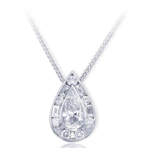 1.20 ct. GIA certified pear shape diamond center encircled with round and tapered baguette diamonds.jpg