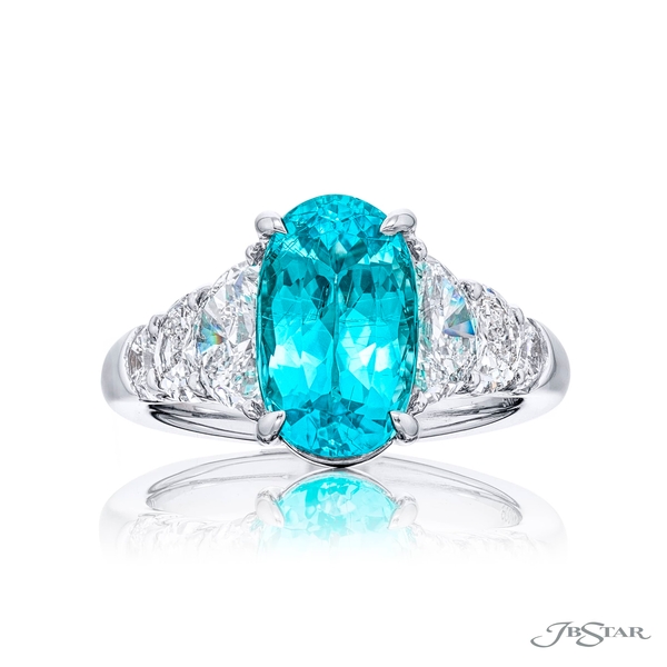 Paraiba and diamond ring featuring a 3.95 ct. long oval Paraiba embraced by half-moon diamonds.7578-006.