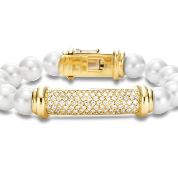 BR2942-81. 18KT Yellow Gold 9-10MM White South Sea Pearl Strand Bracelet with Diamonds 2.17 TCW