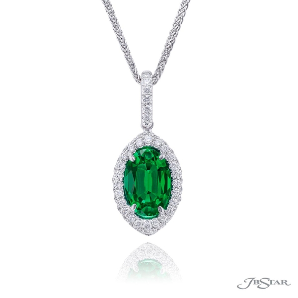 Emerald and diamond pendant featuring certified 2.01 ct. oval emerald in a micro pave setting.0853-014