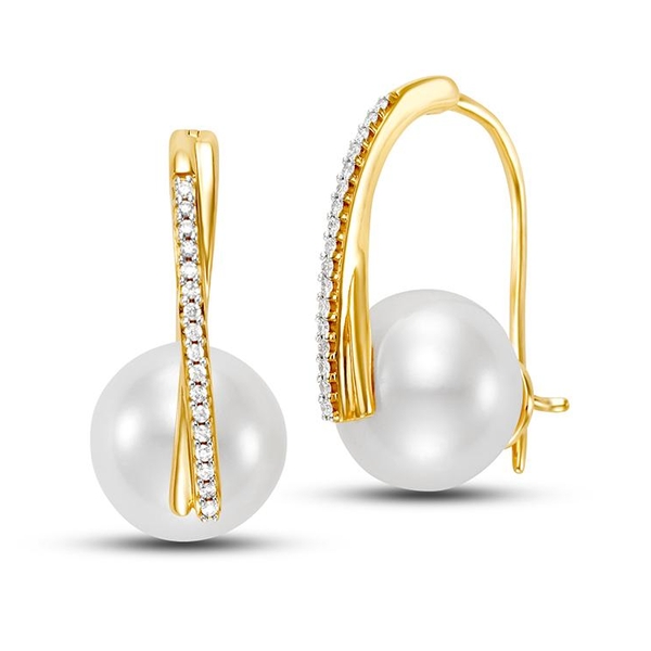 M19068E-8.1.1. 14KT White Gold 10.5-11.5MM White Freshwater Pearl Hoop Earrings with 34 Diamonds 0.10 TCW