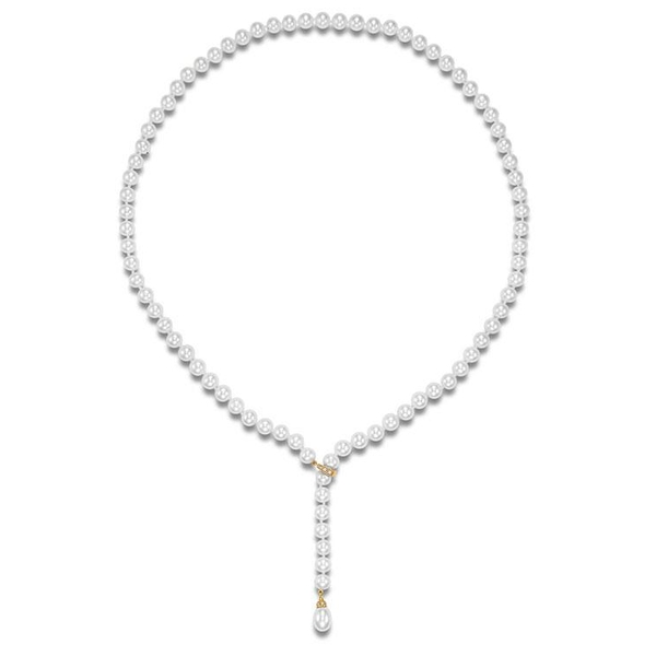 N18067-8.1 18KT Yellow Gold 7-7.5MM White Freshwater Pearl Strand Lariat Necklace with 14 Diamonds 0.13 TCW, 24 Inches