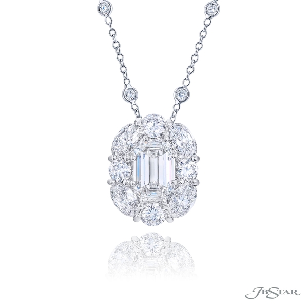 Diamond pendant featuring a 2.23 ct. GIA certified emerald-cut center encircled by oval and round diamonds. 5861-011
