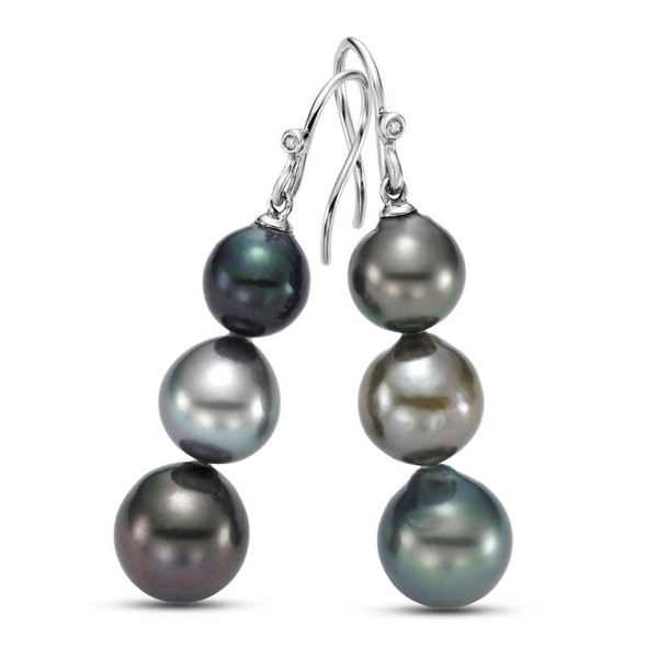 SME-12019B-3. 14KT White Gold 9-11MM Multicolor Black Baroque Tahitian Pearl Earrings with 2 Diamonds 0.02 TCW