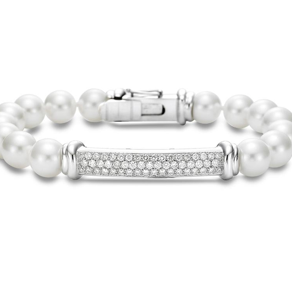 BR2940-8W1. 18KT White Gold 8-9MM White Akoya Pearl Strand Bracelet with Diamonds 1.02 TCW