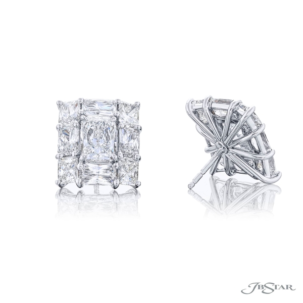 Diamond earrings featuring matching 1.51 and 1.52 ct. GIA certified radiant-cut centers surrounded by radiant-cut diamonds. 7523-013