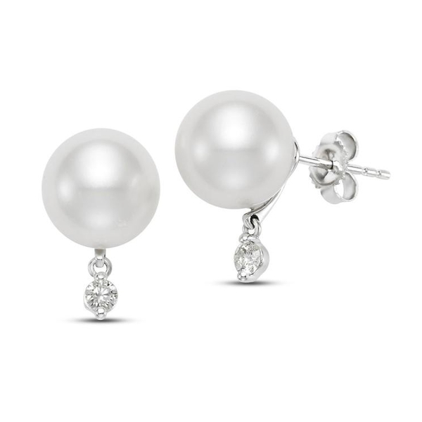 SM17055E-8W-2 18KT White Gold 9.5-10MM White Freshwater Pearl Earrings with 2 Diamonds 0.18 TCW