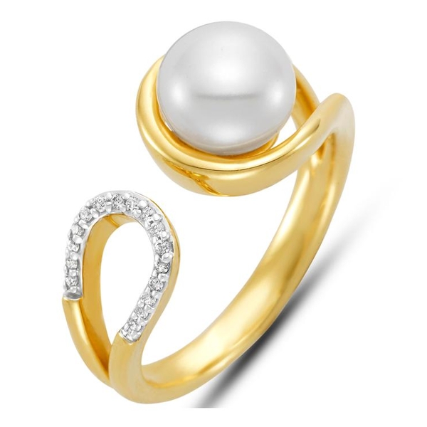 M17034R-8_2 18KT Yellow Gold 7.5-8MM White Freshwater Pearl Ring with 16 Diamonds 0.55 TCW