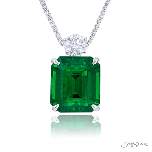 Emerald pendant featuring an 11.39 ct GIA certified Emerald with round diamond bail. 1199-097