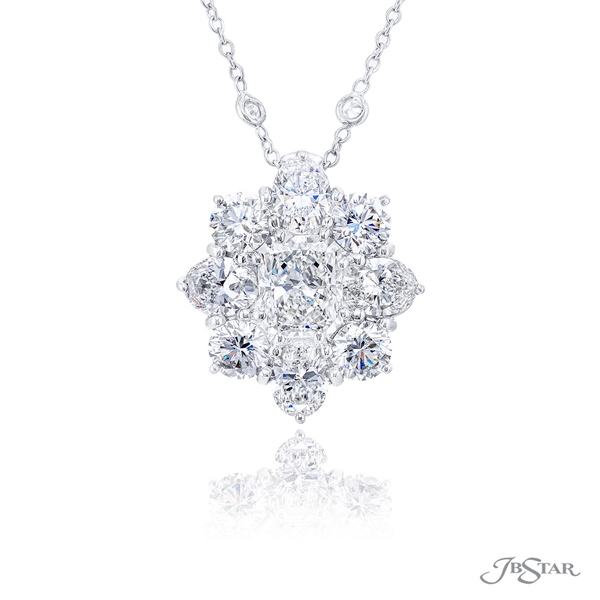 Diamond pendant featuring a 1.91 ct. GIA certified radiant-cut diamond center encircled by round and oval diamonds.1647-005