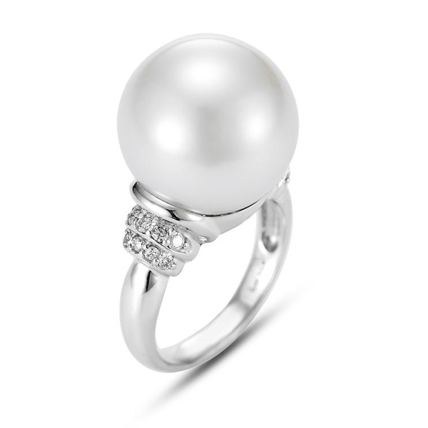 SWR-30341 18KT White Gold 15.8MM White South Sea Pearl Ring with 20 Diamonds 0.33 TCW