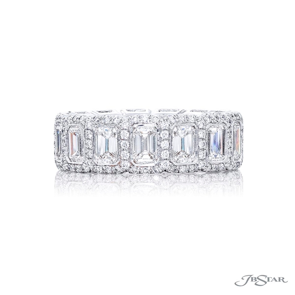 Diamond eternity band featuring 15 emerald-cut diamonds bezel-set with round diamond pave. 5125-001