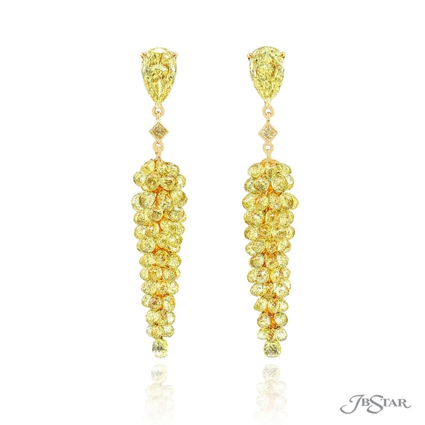 Fancy yellow diamond drop earrings featuring fancy yellow briolette diamonds hung by matching fancy light yellow pear-shape diamonds. Handcrafted in 18KY gold.1199-058