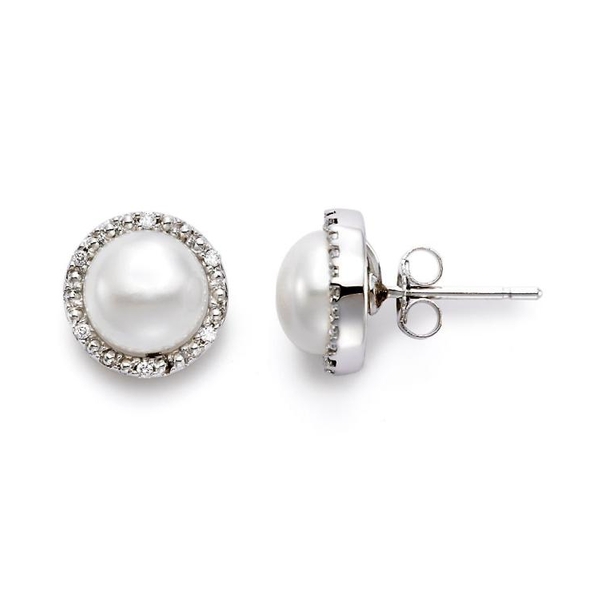 G19014EW 14KT White Gold 8-8.5MM White Button Freshwater Pearl Earrings with 12 Diamonds 0.06 TCW