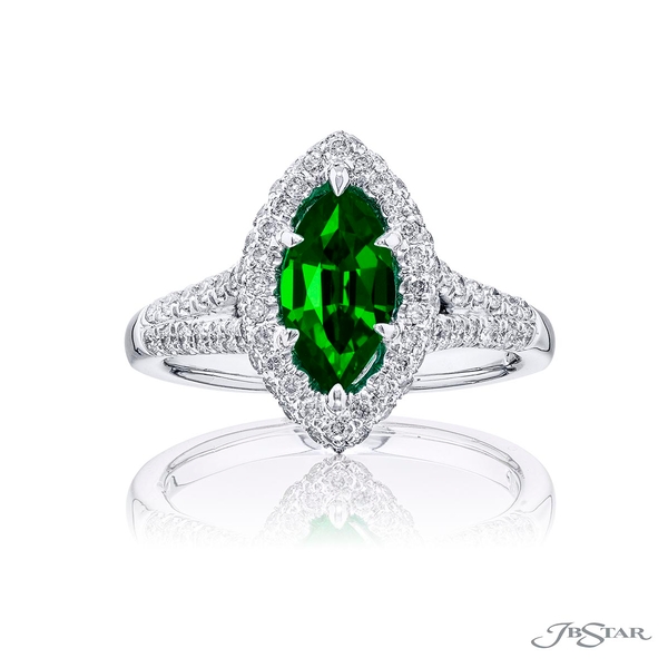 Emerald and diamond ring featuring a beautiful 0.98 ct. marquise emerald center surrounded in round diamond micro pave.0974-233