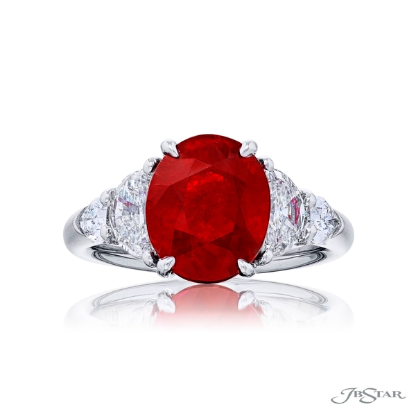 Ruby ring featuring a 4.07 ct. GRS certified Burma oval ruby center embraced by half-moon and shield diamonds.4912-183
